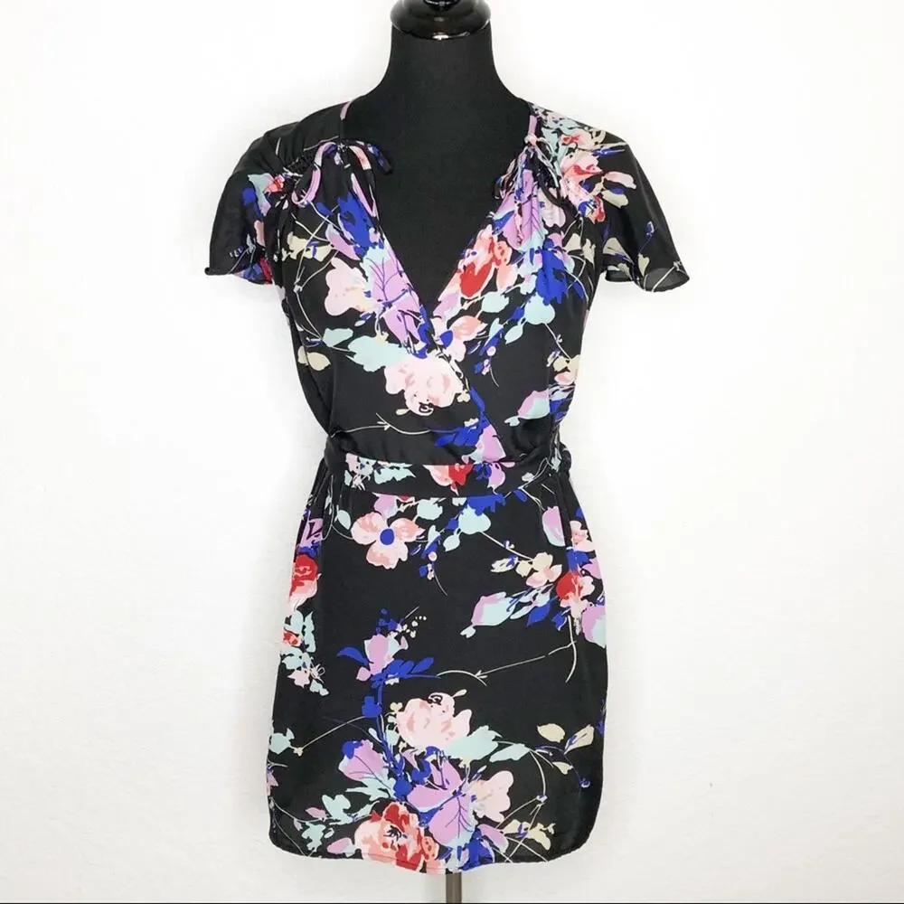 Yumi Kim black floral faux wrap dress size Small